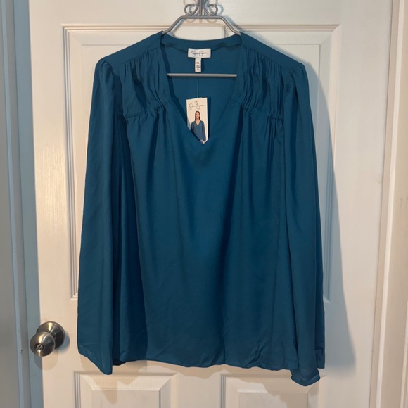 Jessica‎ Simpson Teal Blouse Long Sleeve V-Neck Top Ruched Detail XL - Picture 1 of 10
